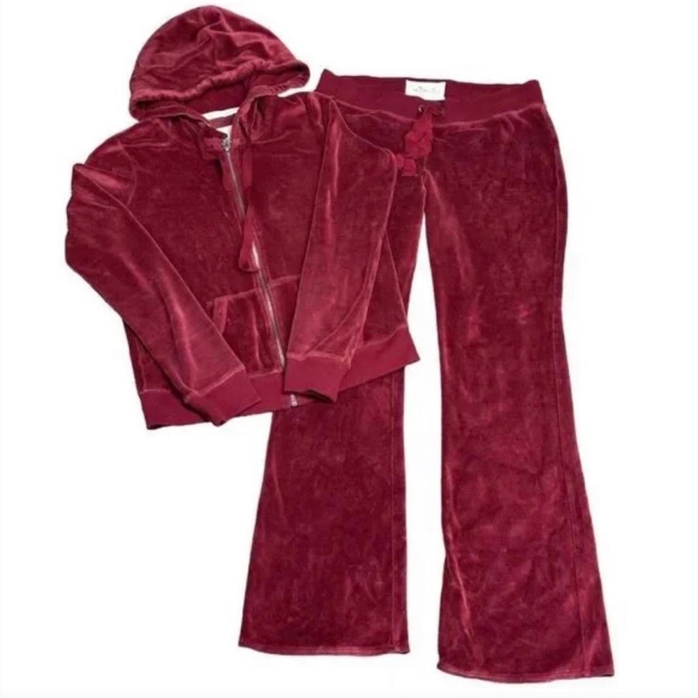 Dark red / Maroon Hollister Pants & Zip Hoody Velour Lounge Set